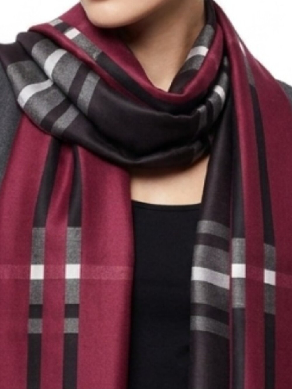 SILK Unisex Reversible Plaid Fringe Scarf - Burgundy and Black